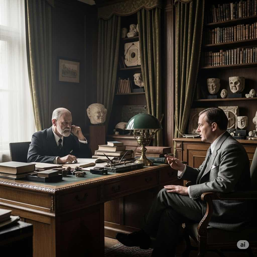 Imagem mostra Freud e Reich conversando no consultoório