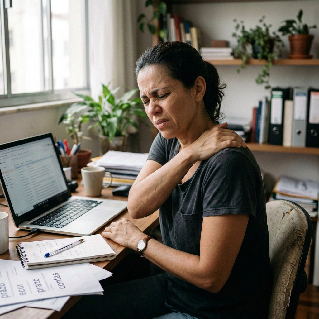 Woman sitting at desk holding neck and face with a pained expression