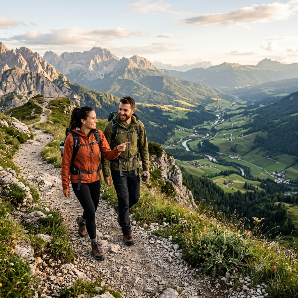 Two hikers walking on a mountain path beside a green valley with a winding river